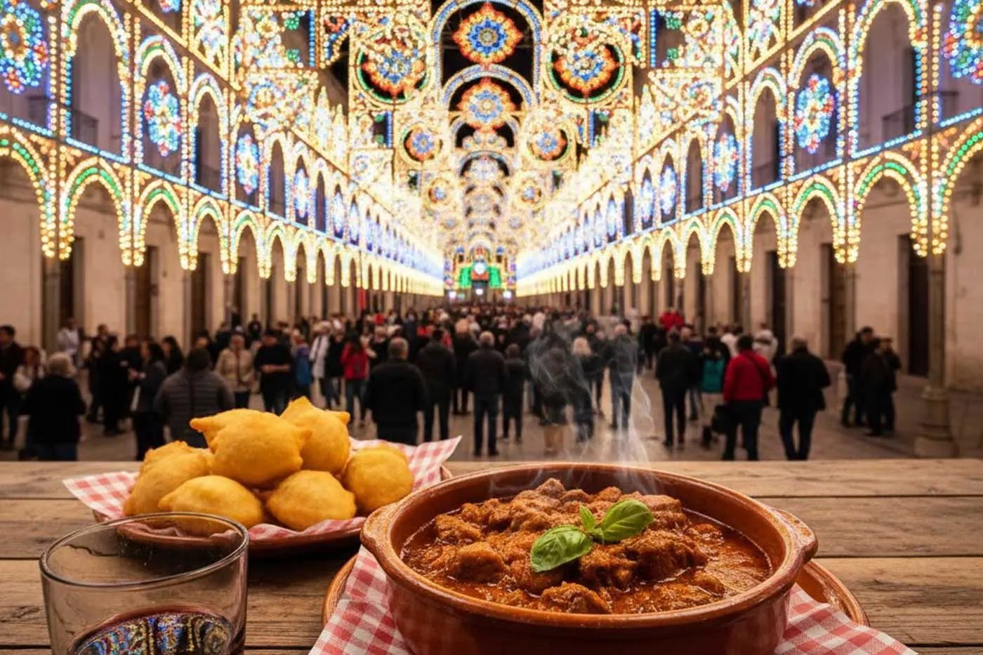 Festa popolare salentina tra luminarie e piatti tradizionali